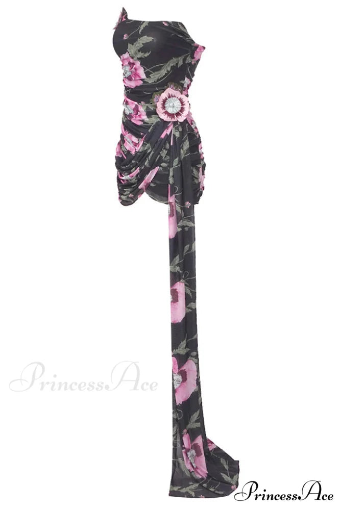 Floral Printed Strapless Charming Draped Mini Dress
