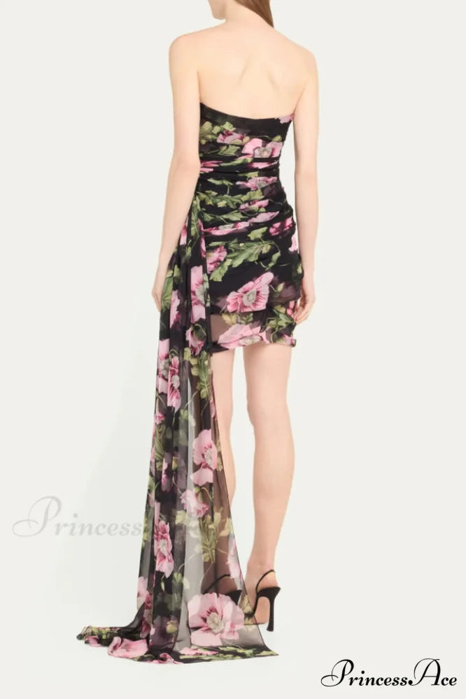 Floral Printed Strapless Charming Draped Mini Dress