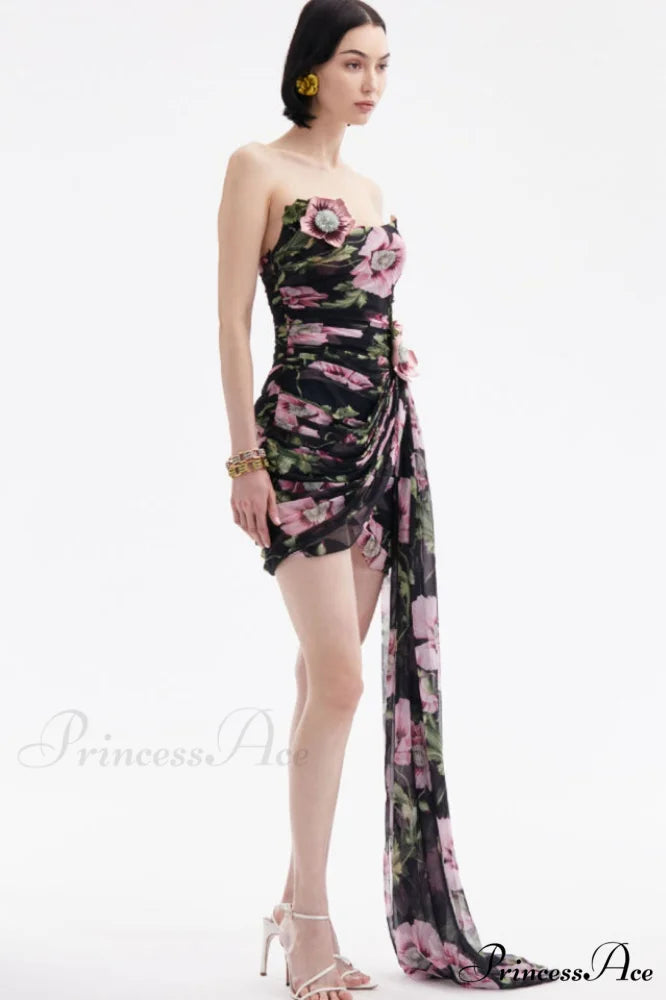 Floral Printed Strapless Charming Draped Mini Dress