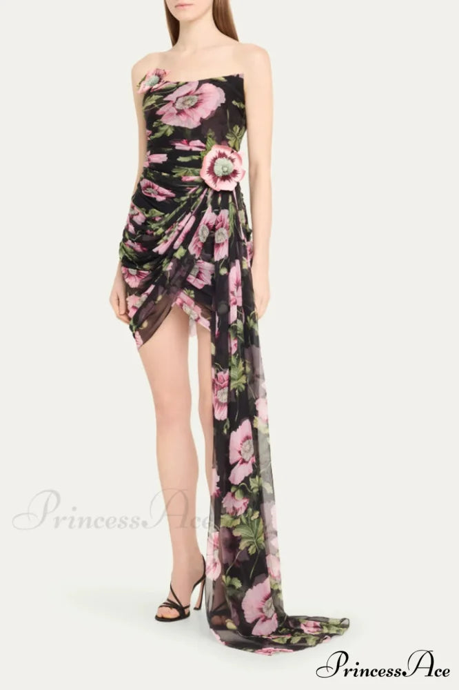Floral Printed Strapless Charming Draped Mini Dress