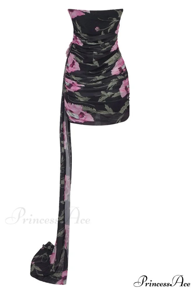 Floral Printed Strapless Charming Draped Mini Dress