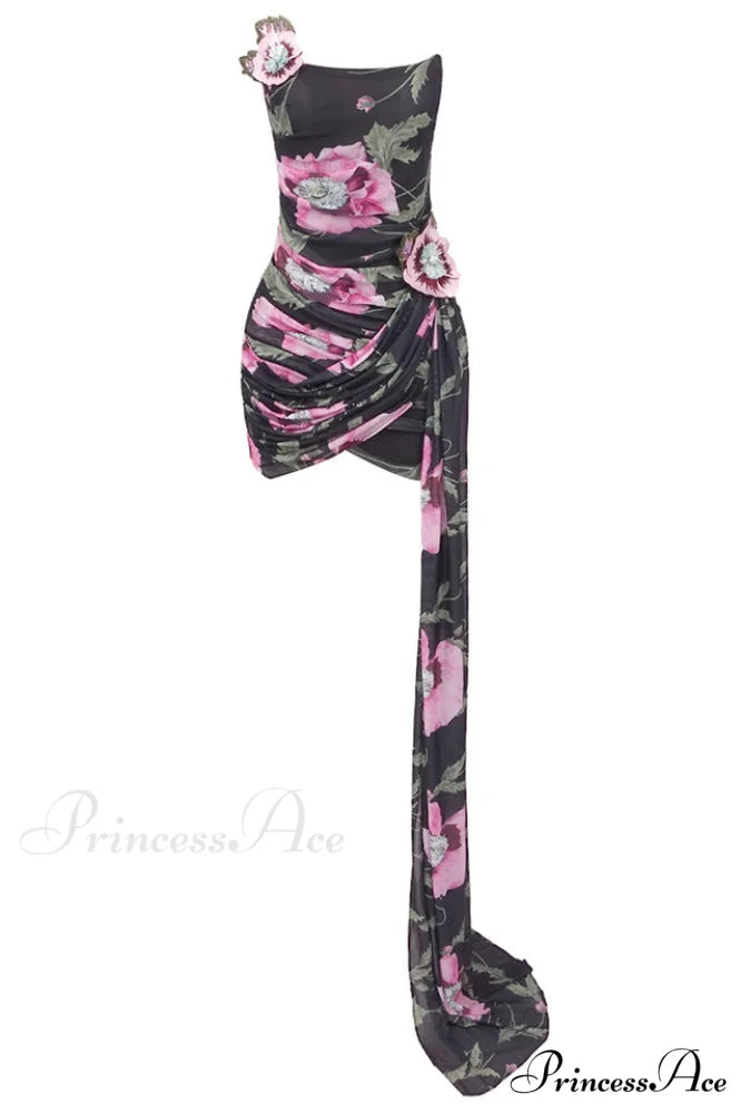 Floral Printed Strapless Charming Draped Mini Dress XS / Floral