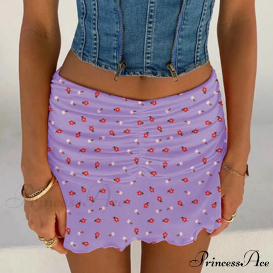 Floral Printing Ruched Slim Short Mini Skirt Floral Purple / S