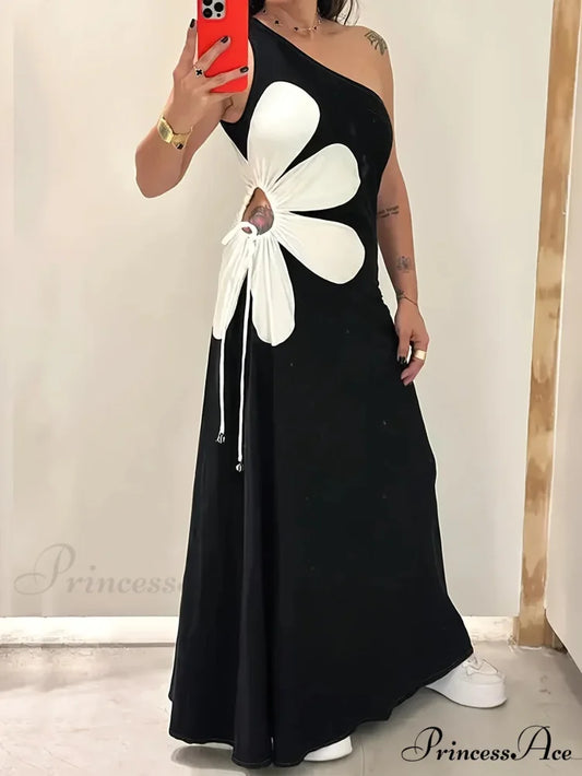 Floral Sleeveless Back Zipper Long Blossom Dress Black / S floraldress-250126