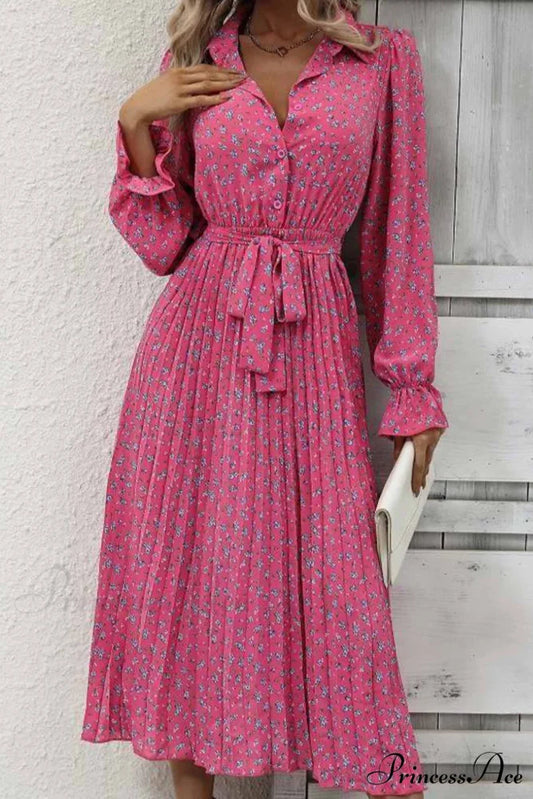 Floral Tie Waist Long Sleeve Pleated Midi Dress Rose / M