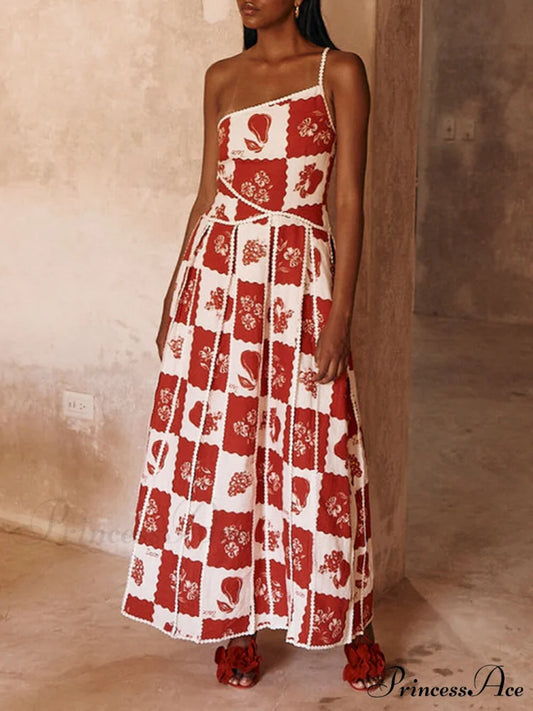 Floral Trim Unique Printed Graceful One Shoulder Flared Maxi Dress Red / S