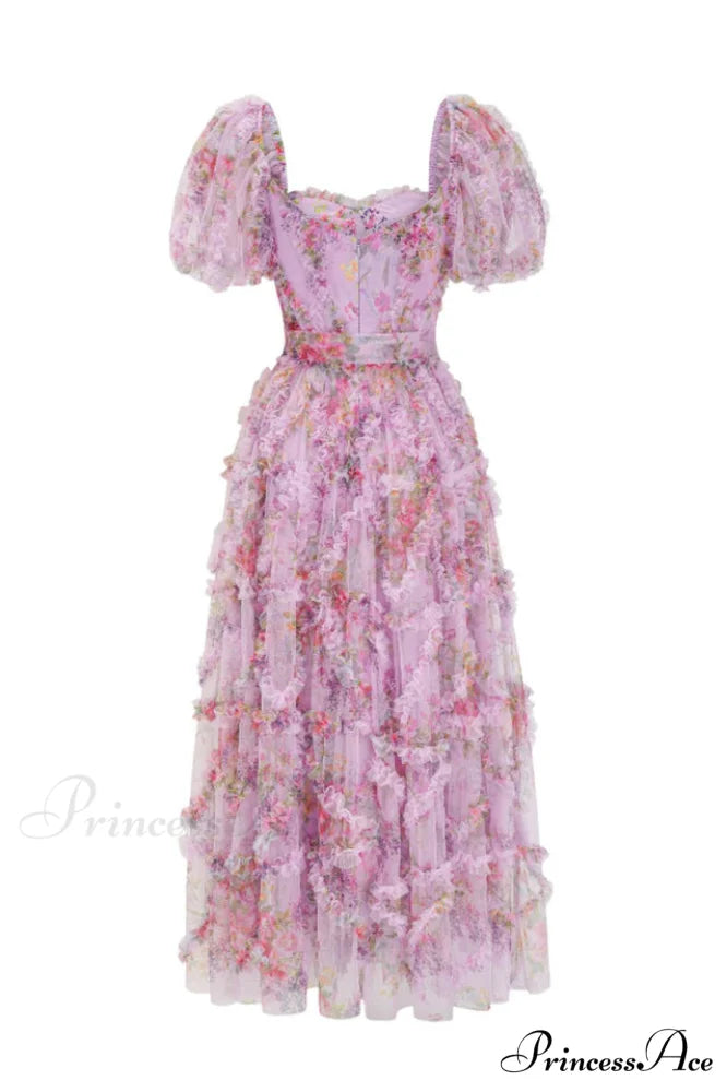 Floral Tulle Puff Sleeve Graceful Bow Tie Maxi Dress
