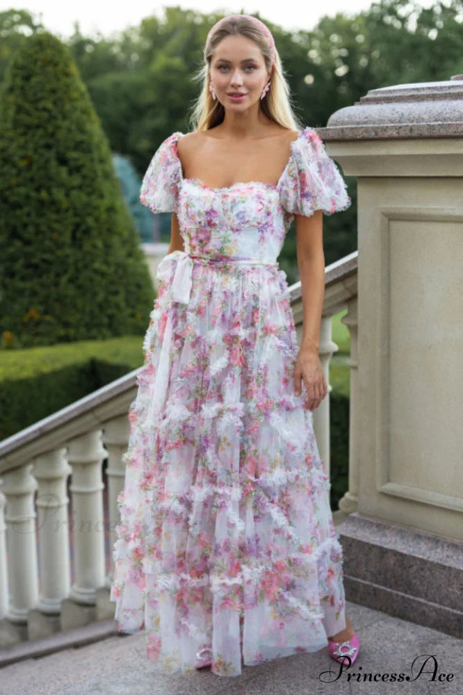 Floral Tulle Puff Sleeve Graceful Bow Tie Maxi Dress