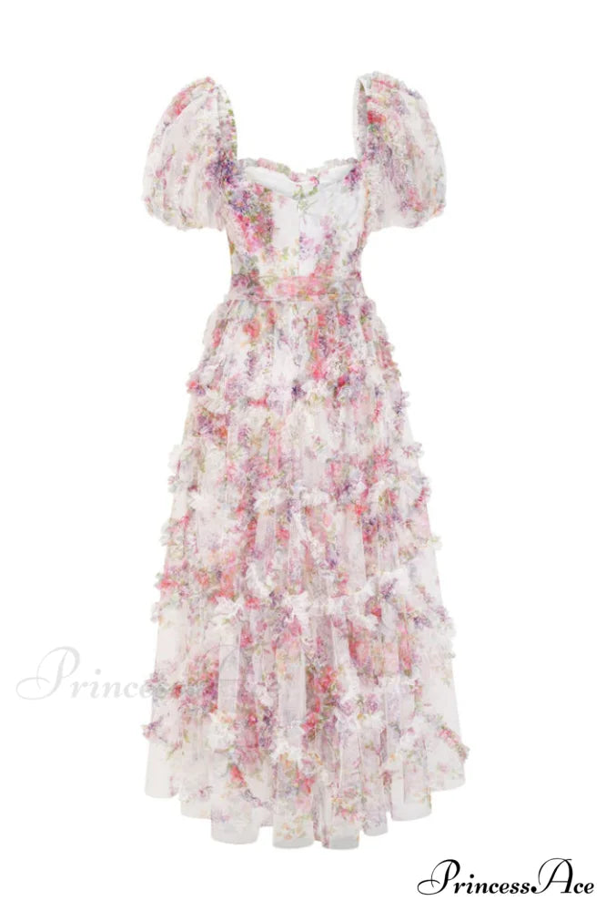 Floral Tulle Puff Sleeve Graceful Bow Tie Maxi Dress