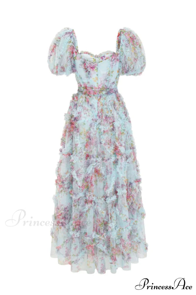 Floral Tulle Puff Sleeve Graceful Bow Tie Maxi Dress