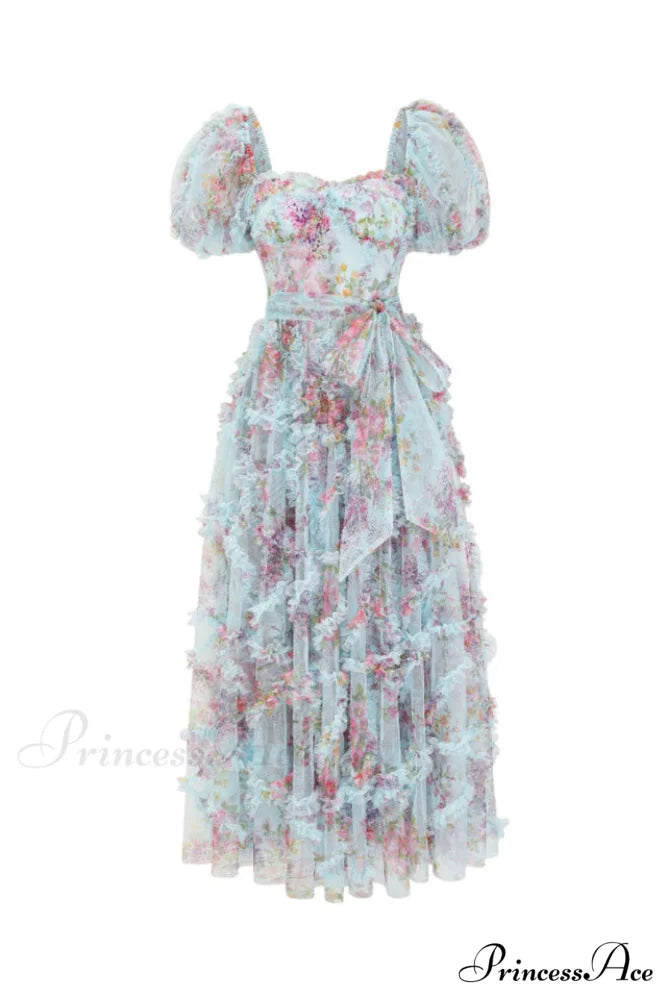 Floral Tulle Puff Sleeve Graceful Bow Tie Maxi Dress S / Blue Floral