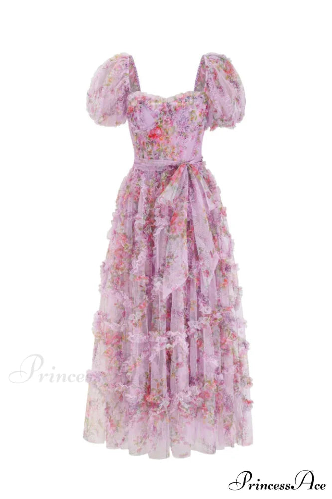 Floral Tulle Puff Sleeve Graceful Bow Tie Maxi Dress S / Lilac Floral