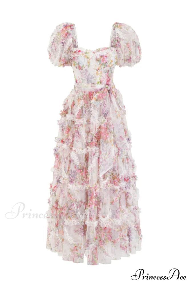 Floral Tulle Puff Sleeve Graceful Bow Tie Maxi Dress S / White Floral