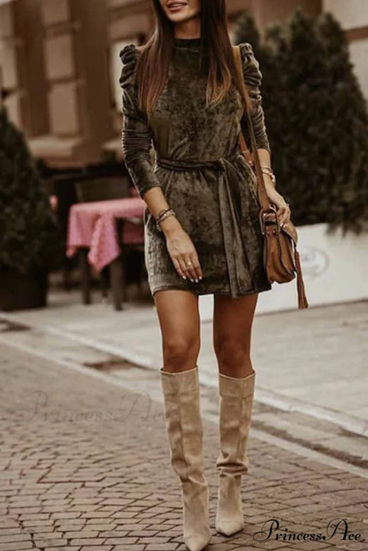 Florcoo Irregular Solid Trendy Collar Mini Dress S / Khaki