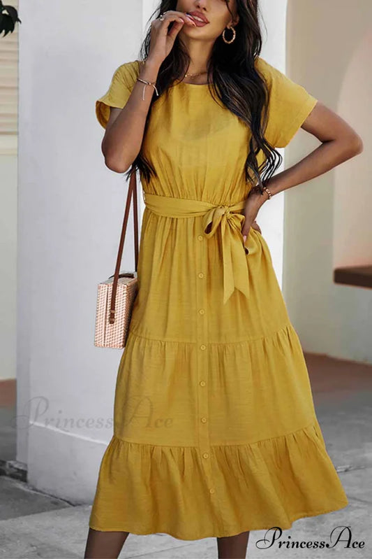 Florcoo White Print Trendy Long Sleeves Mini Dress S / Yellow