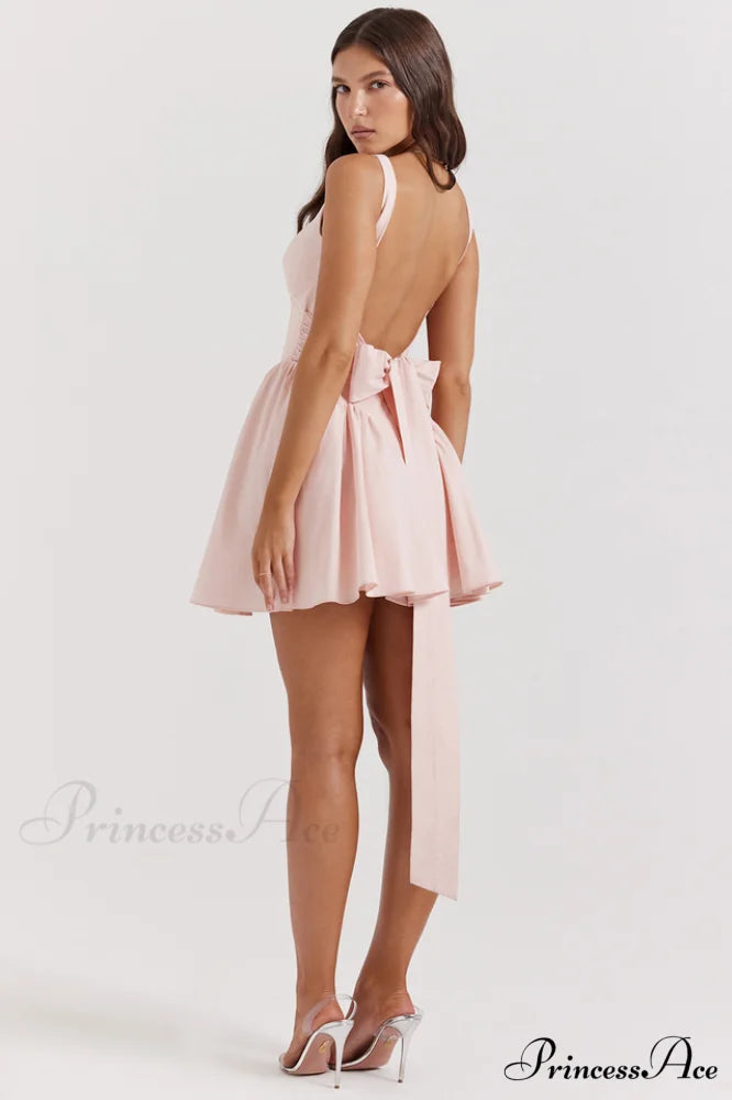 Floriane Peach Stylish Bow Mini Dress