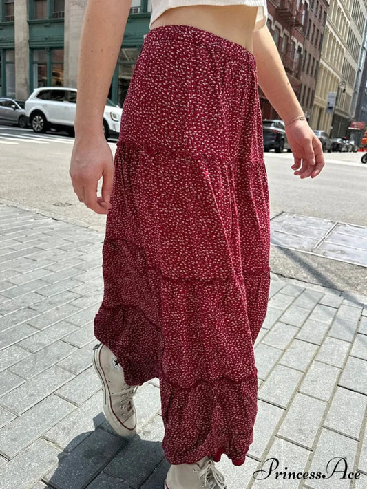 Flounced Blooming Crimson High Waist A-Line Skirt Red / One Size skirt-250126