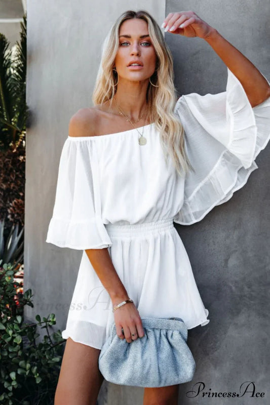 Flounced Sleeve Stylish Off Shoulder Romper S / White