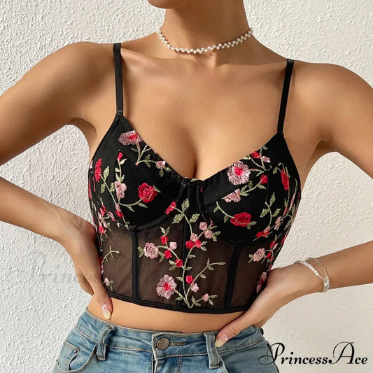 Flower Bustier Crop Top with Clasp Halter Tank Black / S croptop-250126