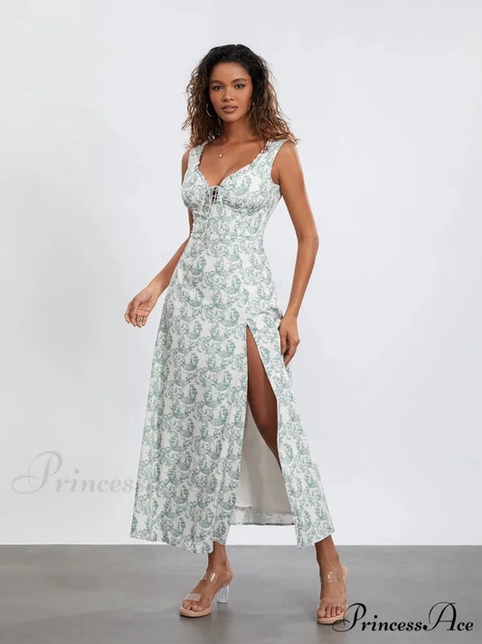 Flower Child Tank Dress Sleeveless Frilled Tie-up Sweetheart Floral Dress floraldress-250126