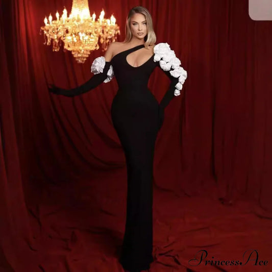 Flower Decorated Extended Sleeve Bandage Prom Dress black / XS promdress-250223