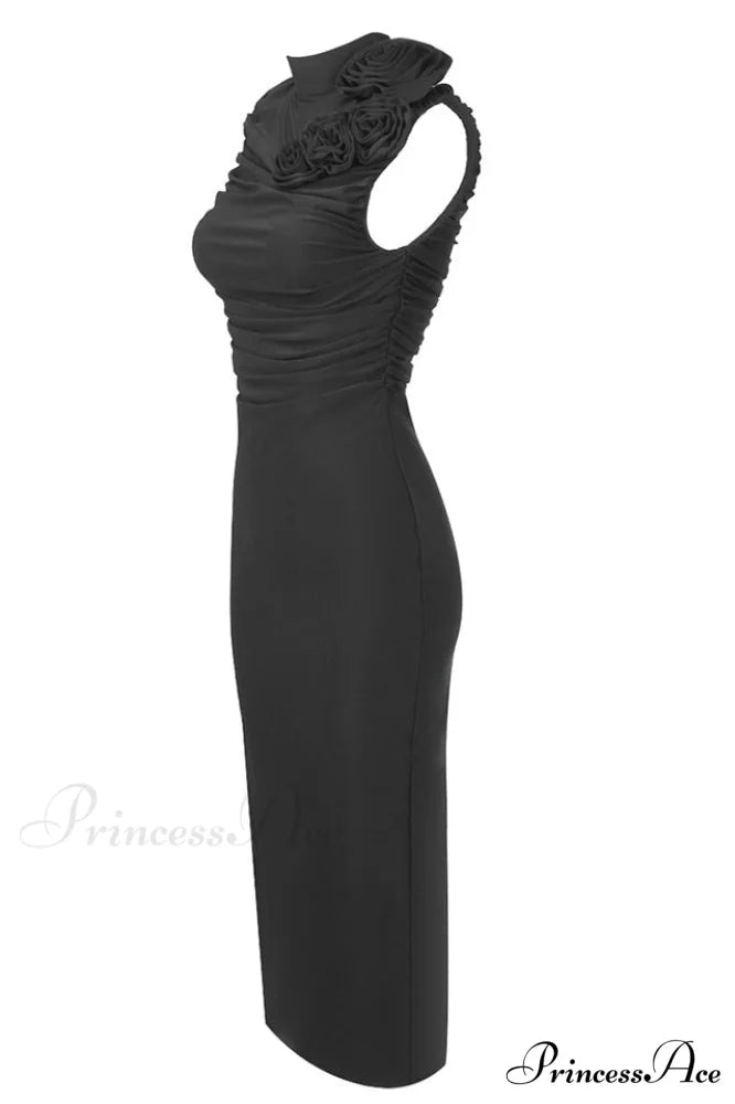 Flower Detail Stylish Ruched Midi Dress
