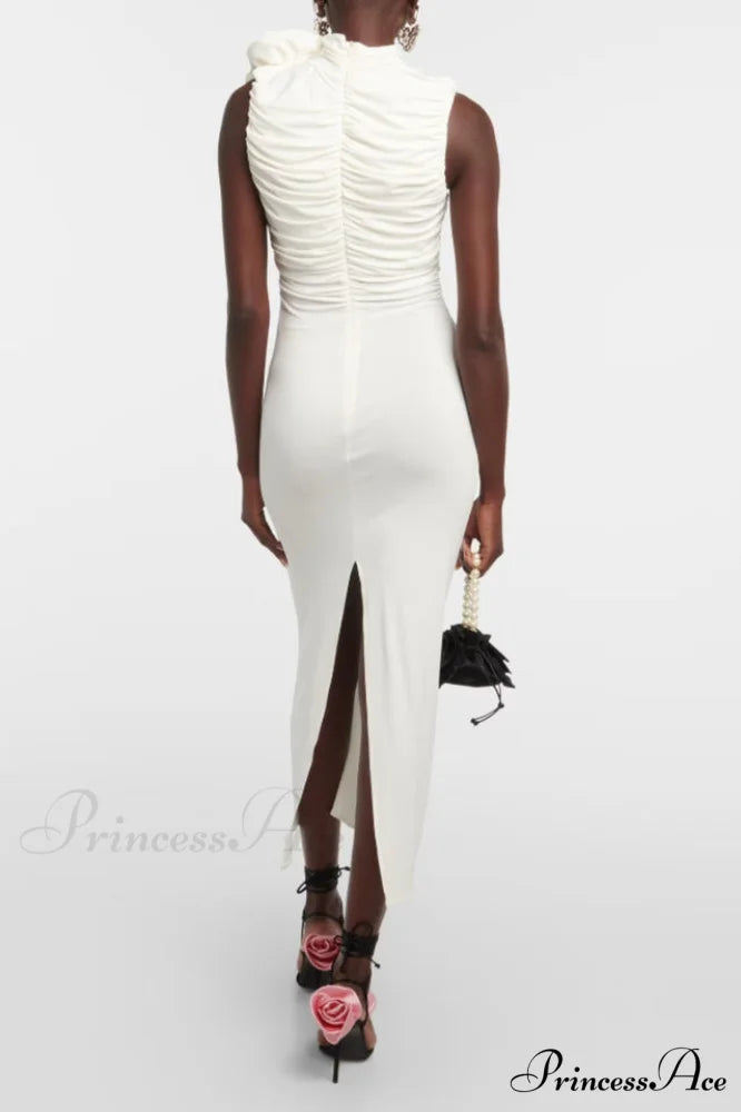 Flower Detail Stylish Ruched Midi Dress
