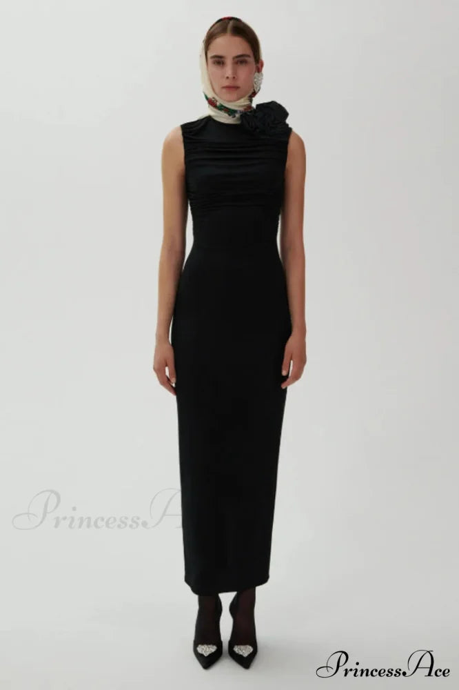 Flower Detail Stylish Ruched Midi Dress