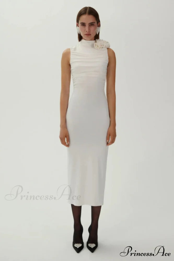 Flower Detail Stylish Ruched Midi Dress