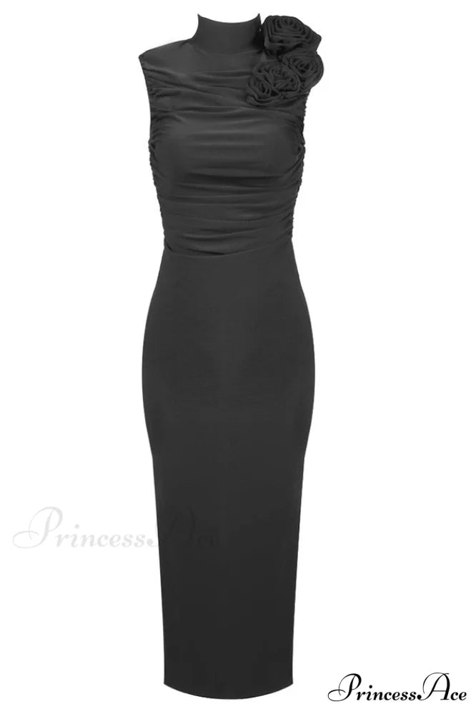 Flower Detail Stylish Ruched Midi Dress XS / Black