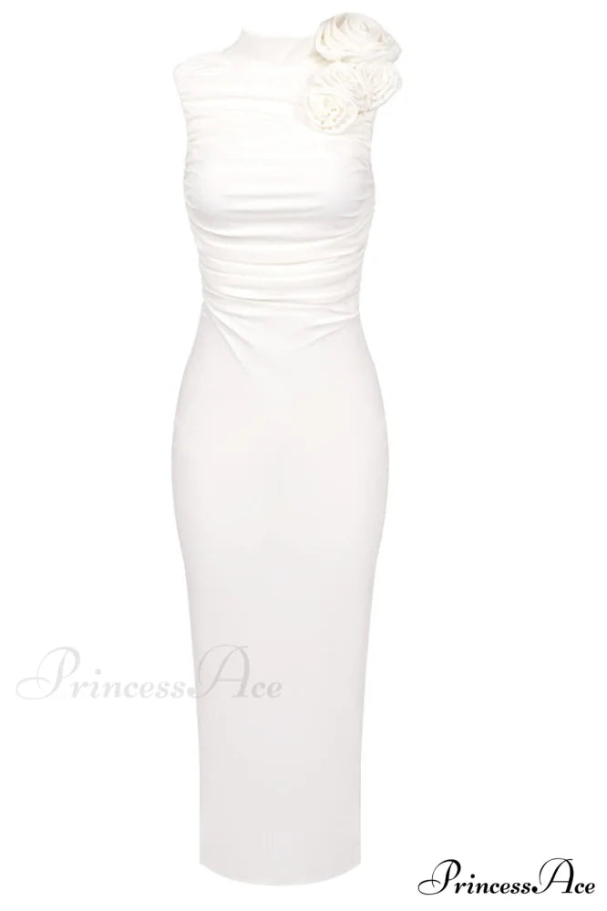 Flower Detail Stylish Ruched Midi Dress XS / White