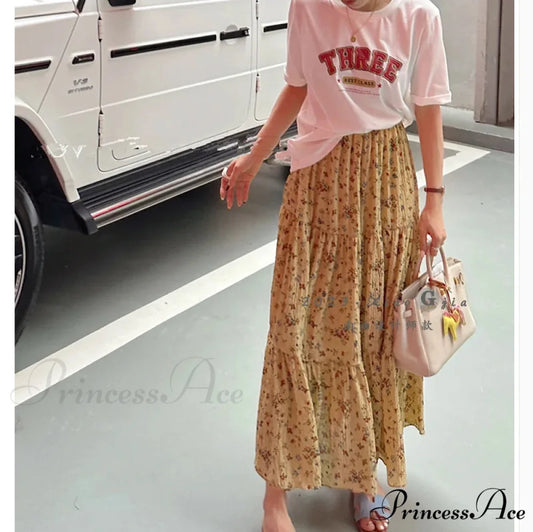 Flower Ditsy Pattern Stretchy Waist Tiered Long Flared Skirt Yellow / One Size skirt-250126