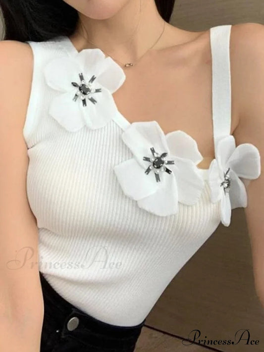 Flower Embellish Cutout Trendy Crop Cami Top White / ONE SIZE