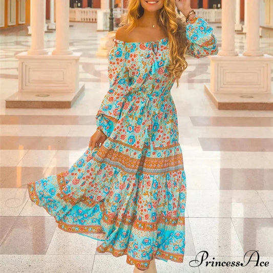 Flower Extended Sleeve Belt Fringe Off Shoulder Bohemian Dress Blue / S bohodress-250126