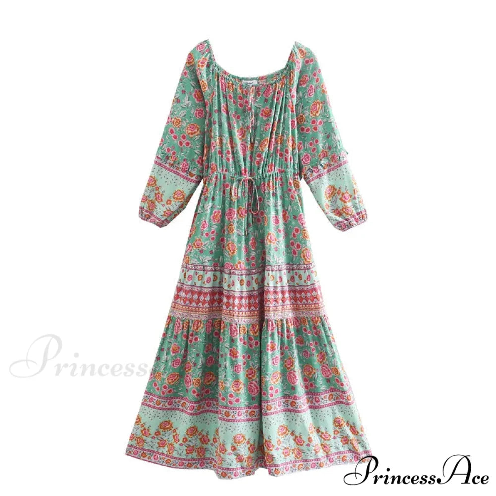 Flower Extended Sleeve Belt Fringe Off Shoulder Bohemian Dress Green / S bohodress-250126