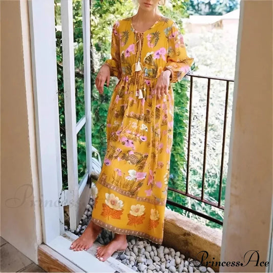 Flower Flounce Sleeve Frills Cotton Bohemian Dress Yellow / S bohodress-250126