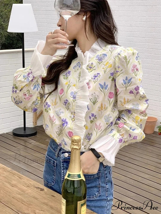 Flower Frilled Flare Sleeve Top blouse-250223