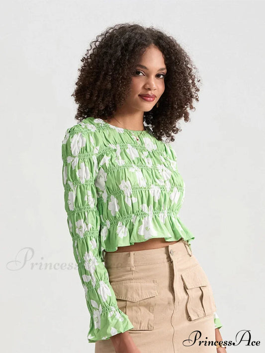 Flower Gathered Boat Neck Long Sleeve Crop T-shirt croptop-250126