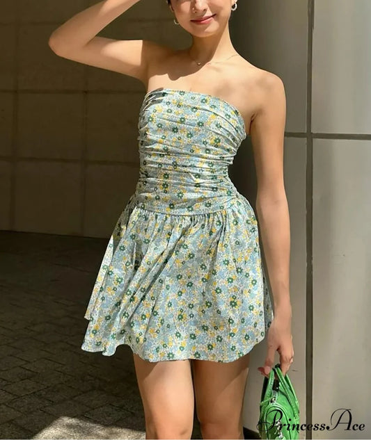 Flower Gathered Tube Mini Dress minidress-250223