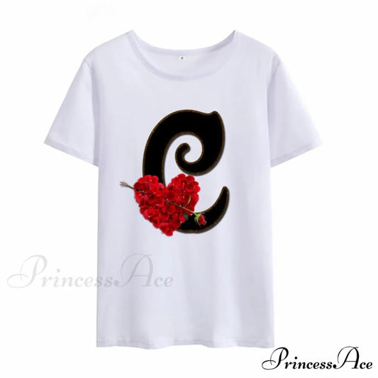 Flower Letter Font Short Sleeve Ladies T-Shirt C / S
