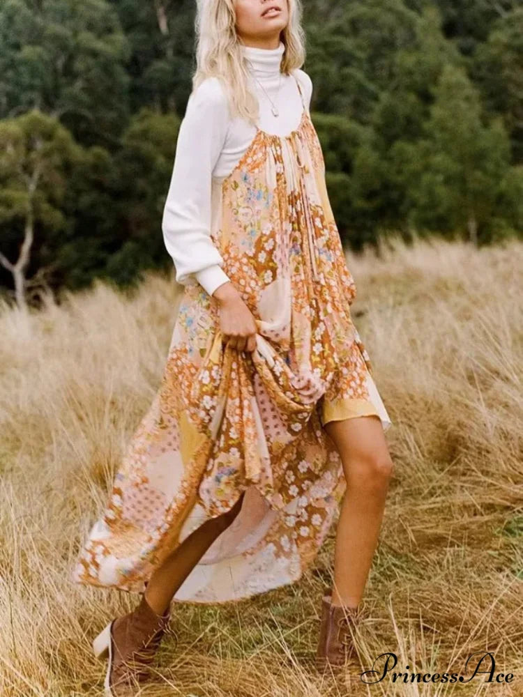 Flower Pattern Bandeau A-line Rayon Seaside Summer Maxi Boho Dress Orange / S bohodress-250126