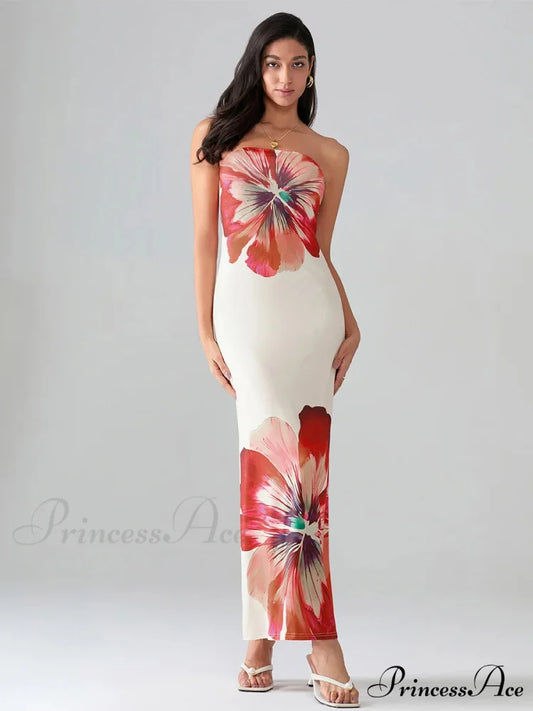 Flower Pattern Bandeau Strapless Wrap Flower Dress WHITE / S floraldress-250126