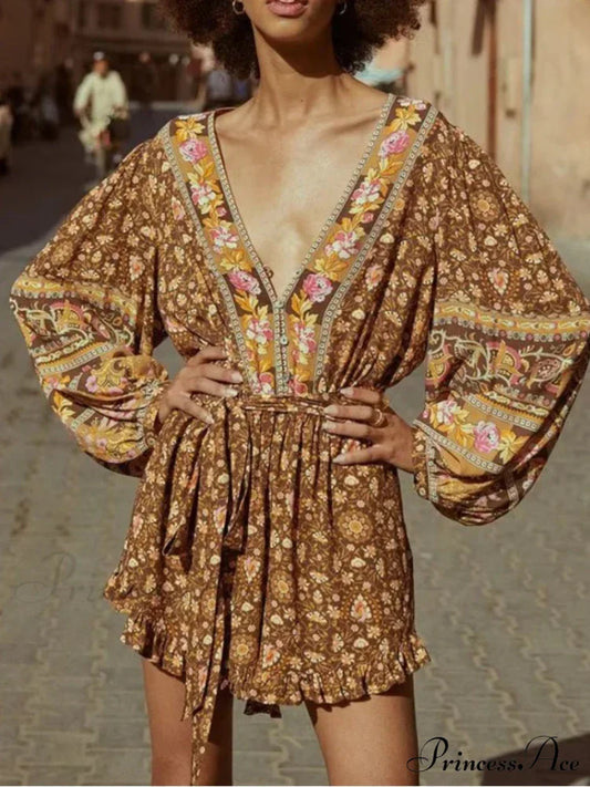 Flower Pattern Bands V-neck Full Sleeve Fringe Rayon Bohemian Jumpsuit as picture / S bohodress-250126