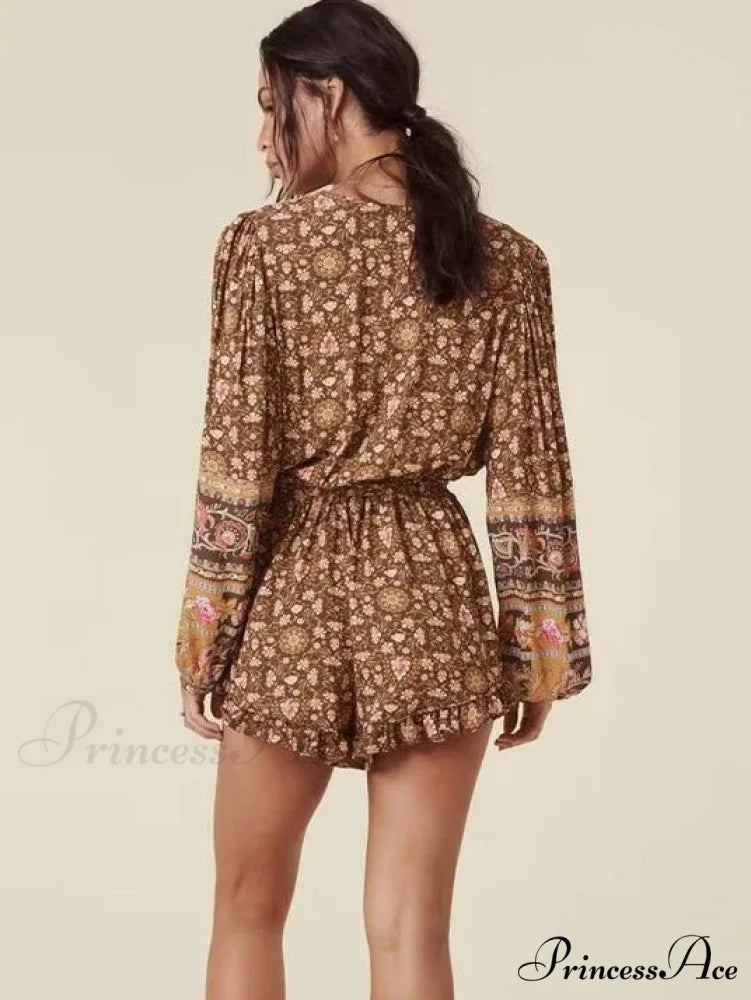 Flower Pattern Bands V-neck Full Sleeve Fringe Rayon Bohemian Jumpsuit bohodress-250126