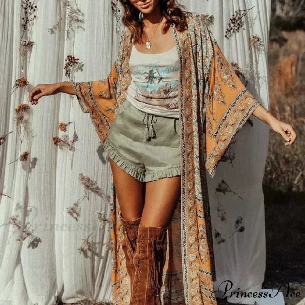 Flower Pattern Bat Sleeve V-neck Swimsuit Bohemian Cover-ups color / S bohodress-250126