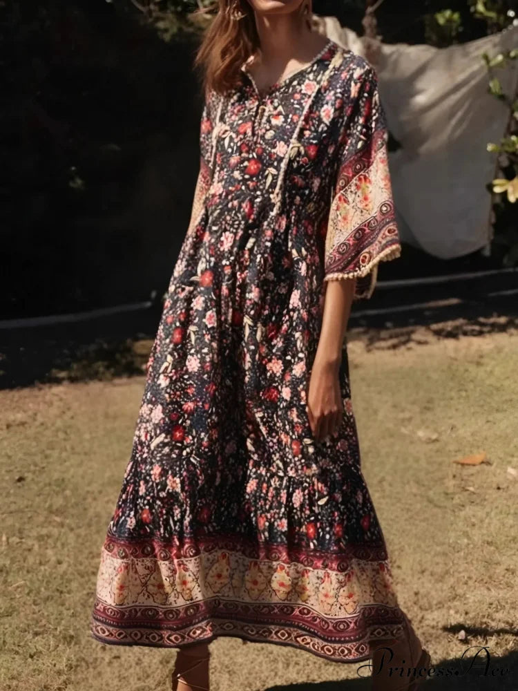 Flower Pattern Batwing Sleeve Fringe Rayon Long Boho Dress Black / S bohodress-250126