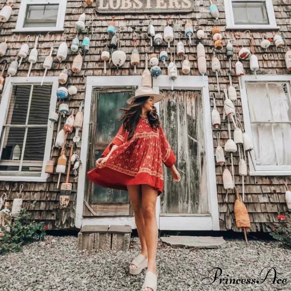Flower Pattern Batwing Sleeve Round-neck Summer Bohemian Dress bohodress-250126