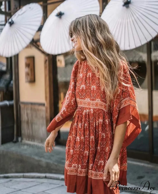 Flower Pattern Batwing Sleeve Round-neck Summer Bohemian Dress Red / S bohodress-250126