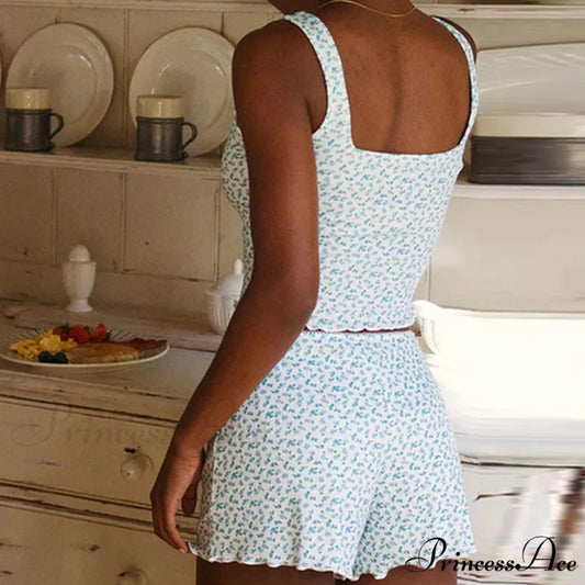 Flower Pattern Bow Detail Sleeveless Midriff Tops Shorts Two Pieces Set twopiecesset-250126