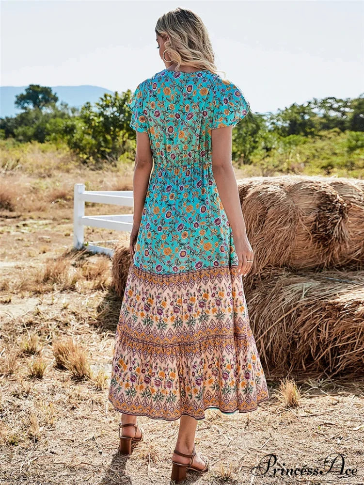 Flower Pattern Button V-neck Folded Rayon Beach Maxi Boho Dress bohodress-250126